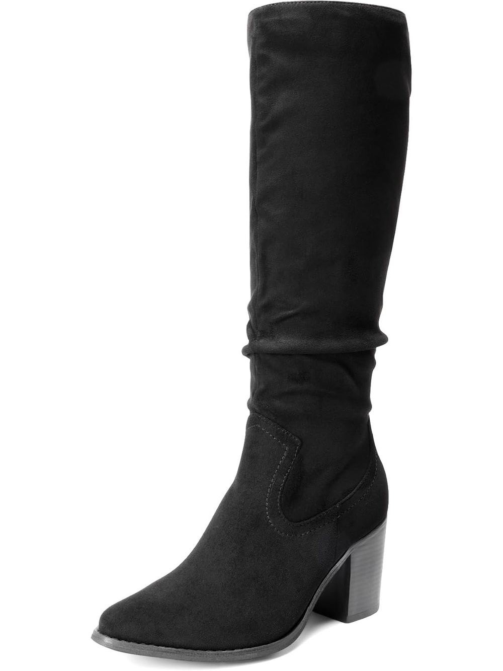 Women Black Suede Pointed Toe Slouchy Knee-High Top Stretches Chunky Heel Boot